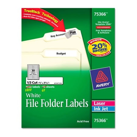 Avery File Folder Label, 21/32" Label W, 30 Labels per Sheet White 75366